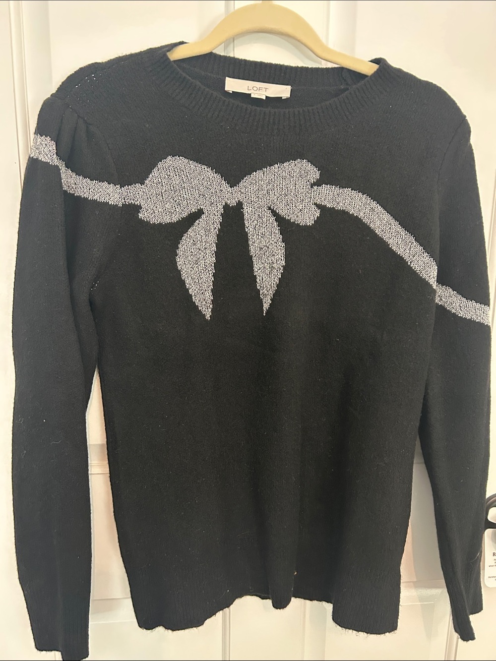 LOFT Black Sweater with Gray Bow Detail small